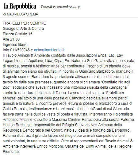 La-Repubblica-27-09-2019-Fratelli-per-Sempre-Tributo-Tavolo-Animali-Ambiente-Giancarlo-Barbadoro