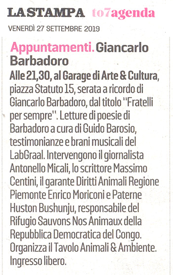 La-Stampa-27-09-2019-Fratelli-per-Sempre-Tributo-Tavolo-Animali-Ambiente-Giancarlo-Barbadoro